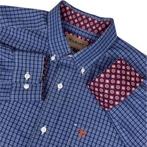 Ariat Wrinkle Free Dash Classic Shirt Mens‎ M Blue Plaid Flip Cuff Preppy